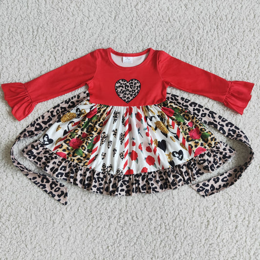 girl fashion stitching fabric twirl dress kids valentine's day long sleeve frock with belt