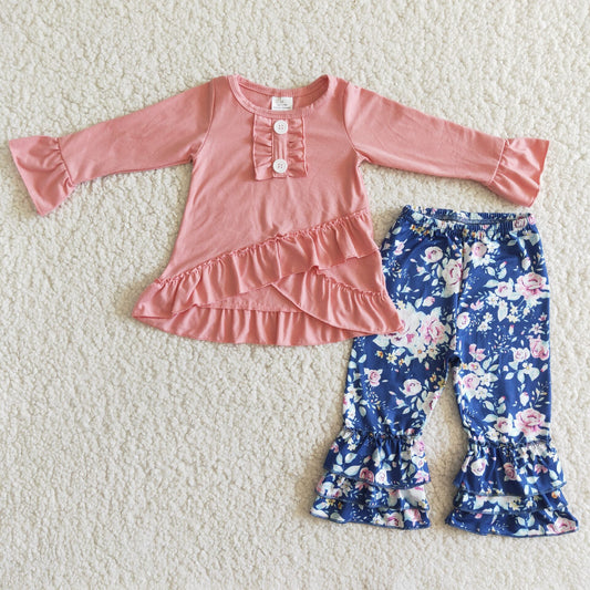 girl pink ruffle top and flower pattern pants kid outfit