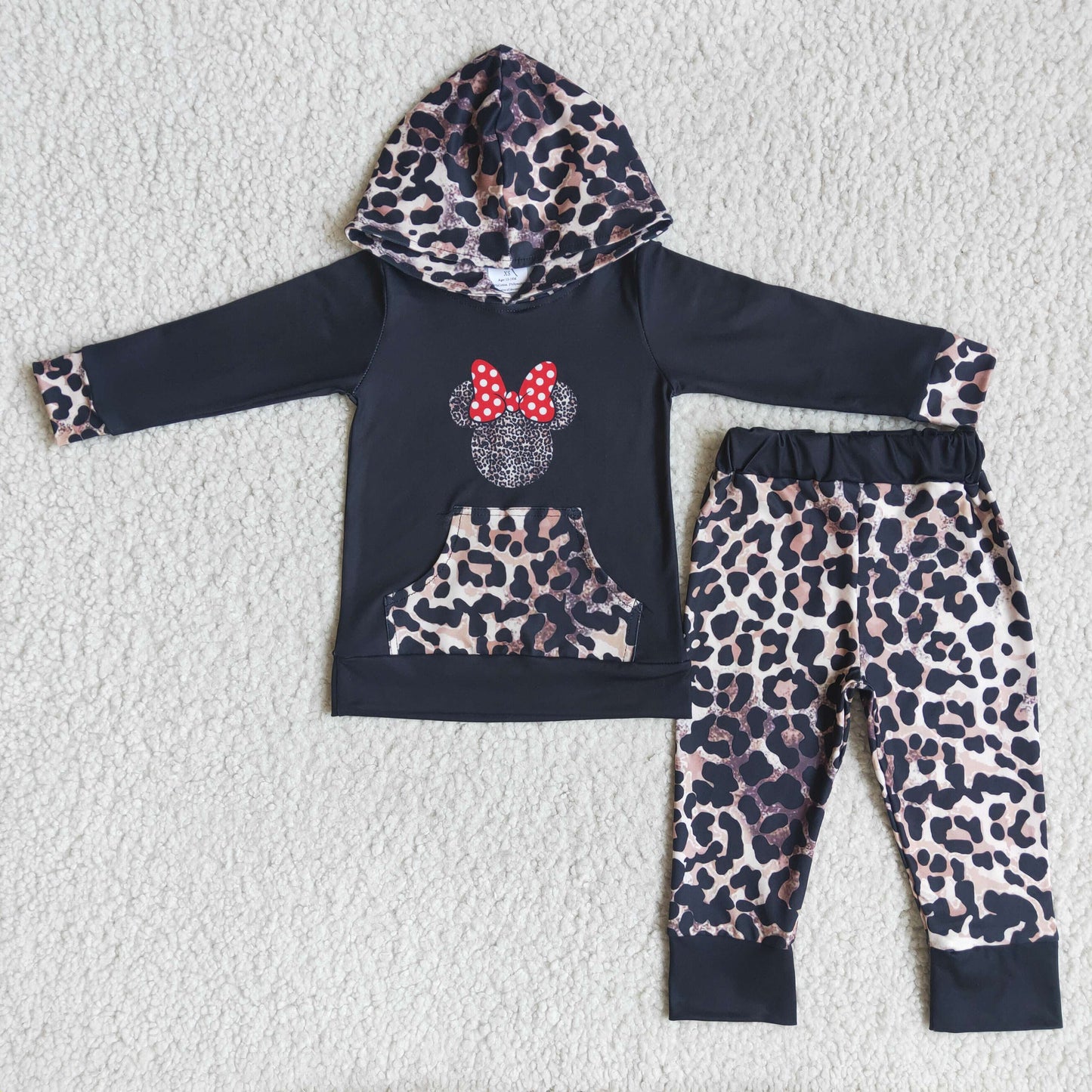 girl black hooedie and leopard pants set with long sleeve