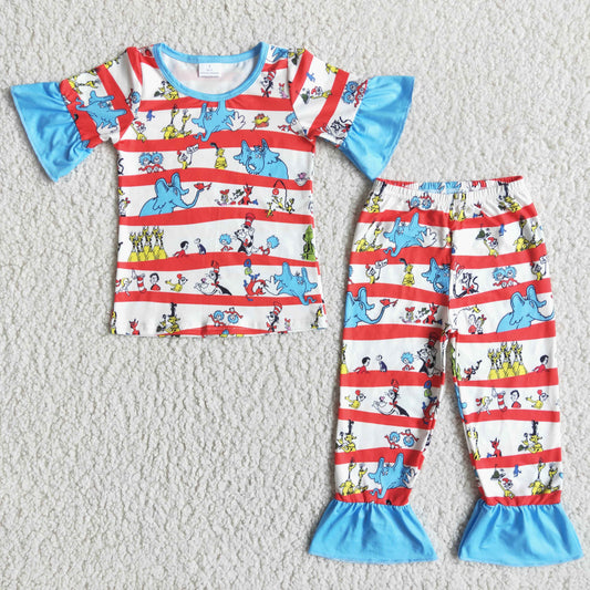 cute cartoon pattern baby girls short sleeve outfit with ruffle