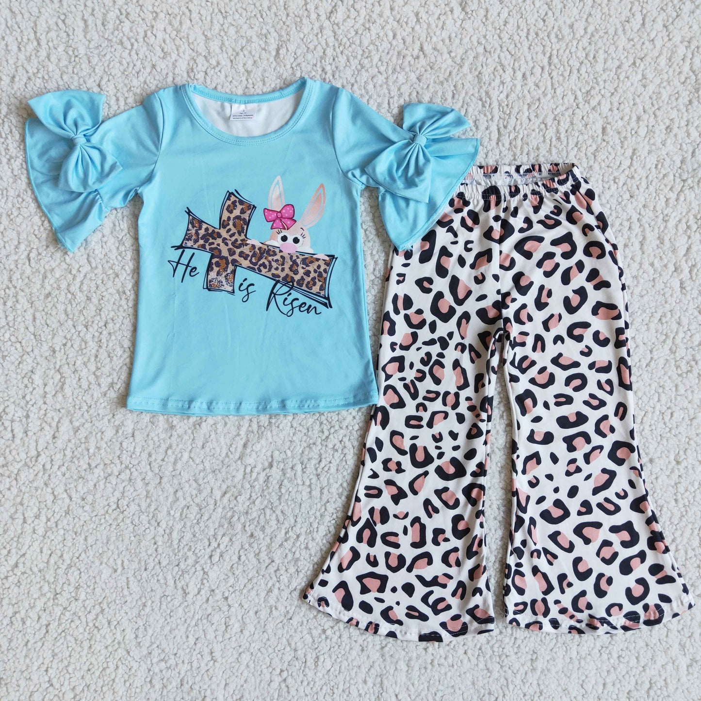 girl sweet bows design blue top match leopard pants kids bunny print outfit