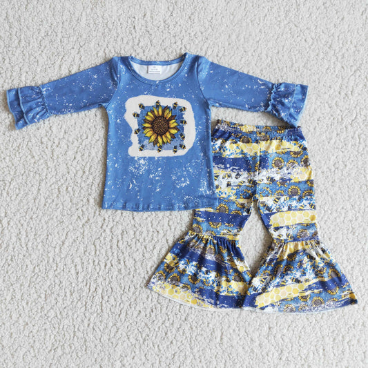 girl blue ruffle top sunflower bell bottoms 2 pieces set kids long sleeve outfit