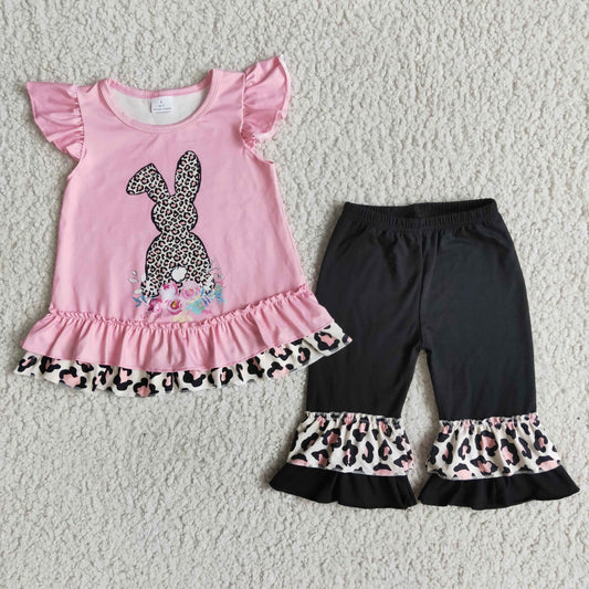 toddler girl leopard buuny outfit pink top and black pants suit