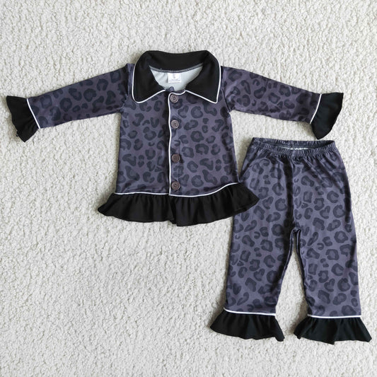6 A24-20 baby girl leopard pajamas set kids turn-down collar outfit
