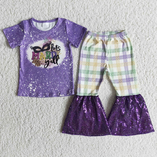 kids shorts sleeve outfit baby girls purple sequin mardi gras clothes