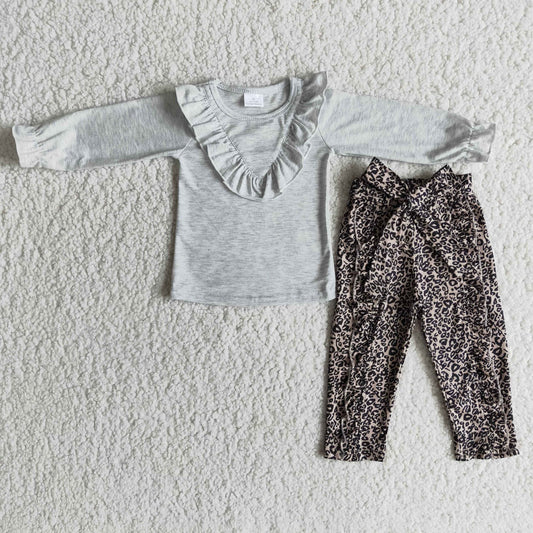 girl cotton gray long sleeve top and leopard pants kid autumn outift