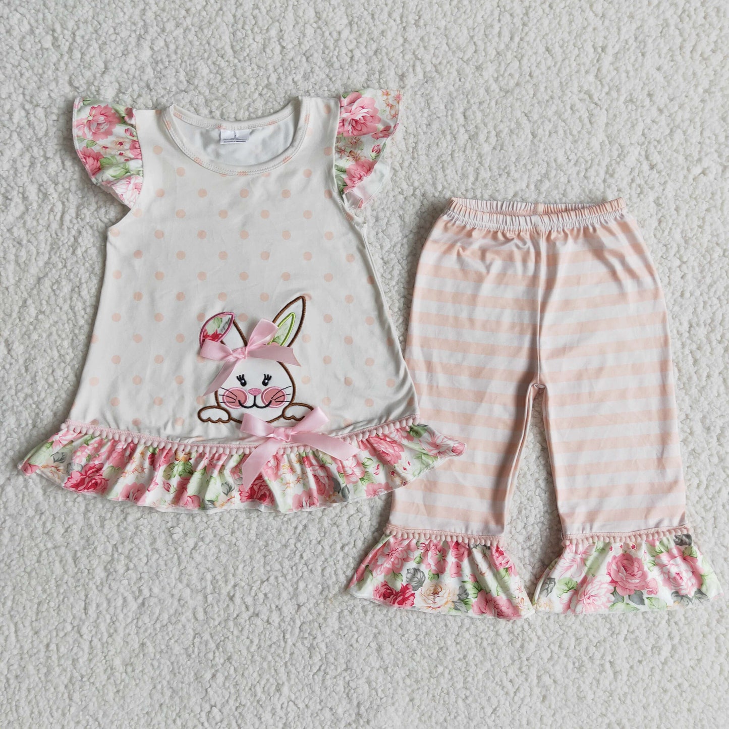 girl high quality embroidery bunny tunic and stripes pants set kids easter day outfit