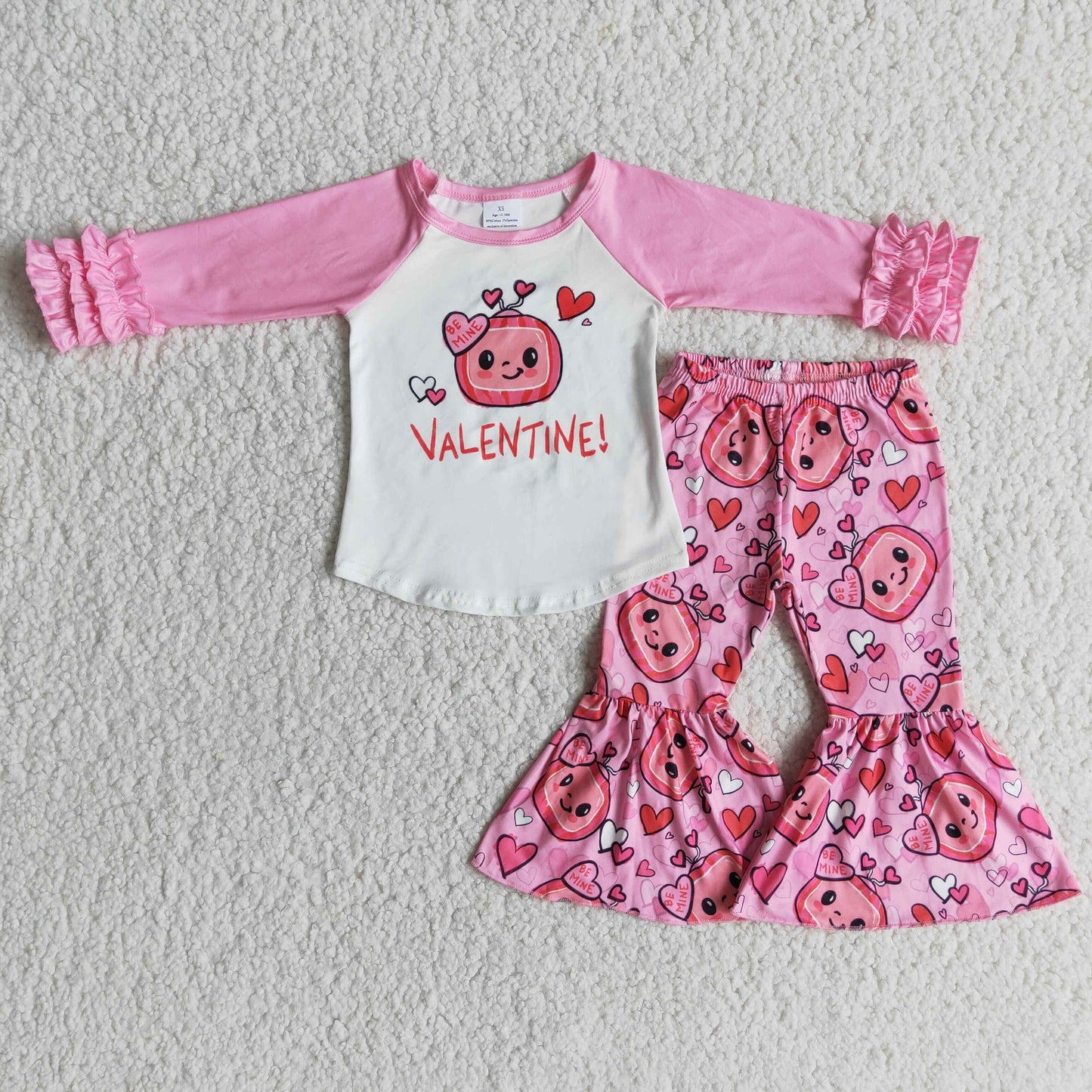 girl pink long sleeve raglan shirt bell bottoms outfit with heart pattern