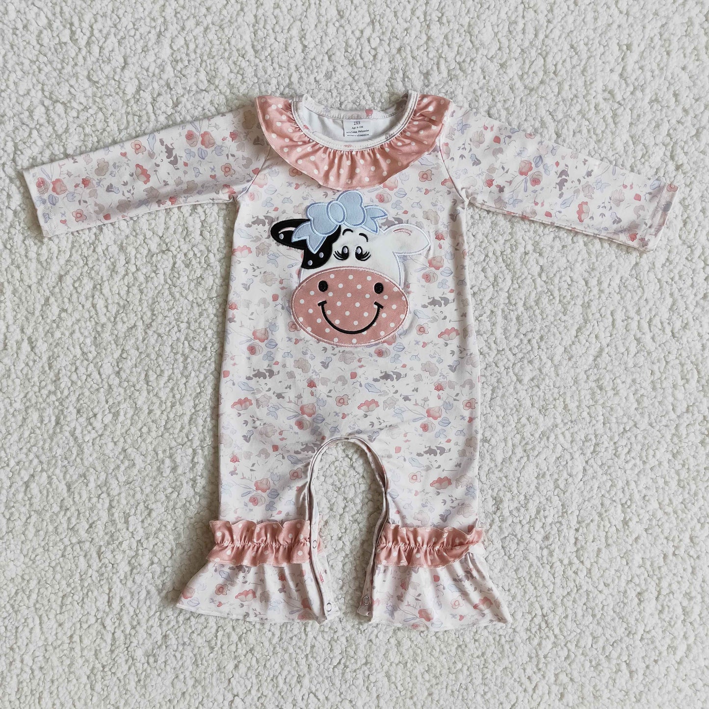 infants long sleeve romper with embroidery milk cow print