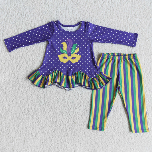 girl mardi gras long sleeve outfit with white dot