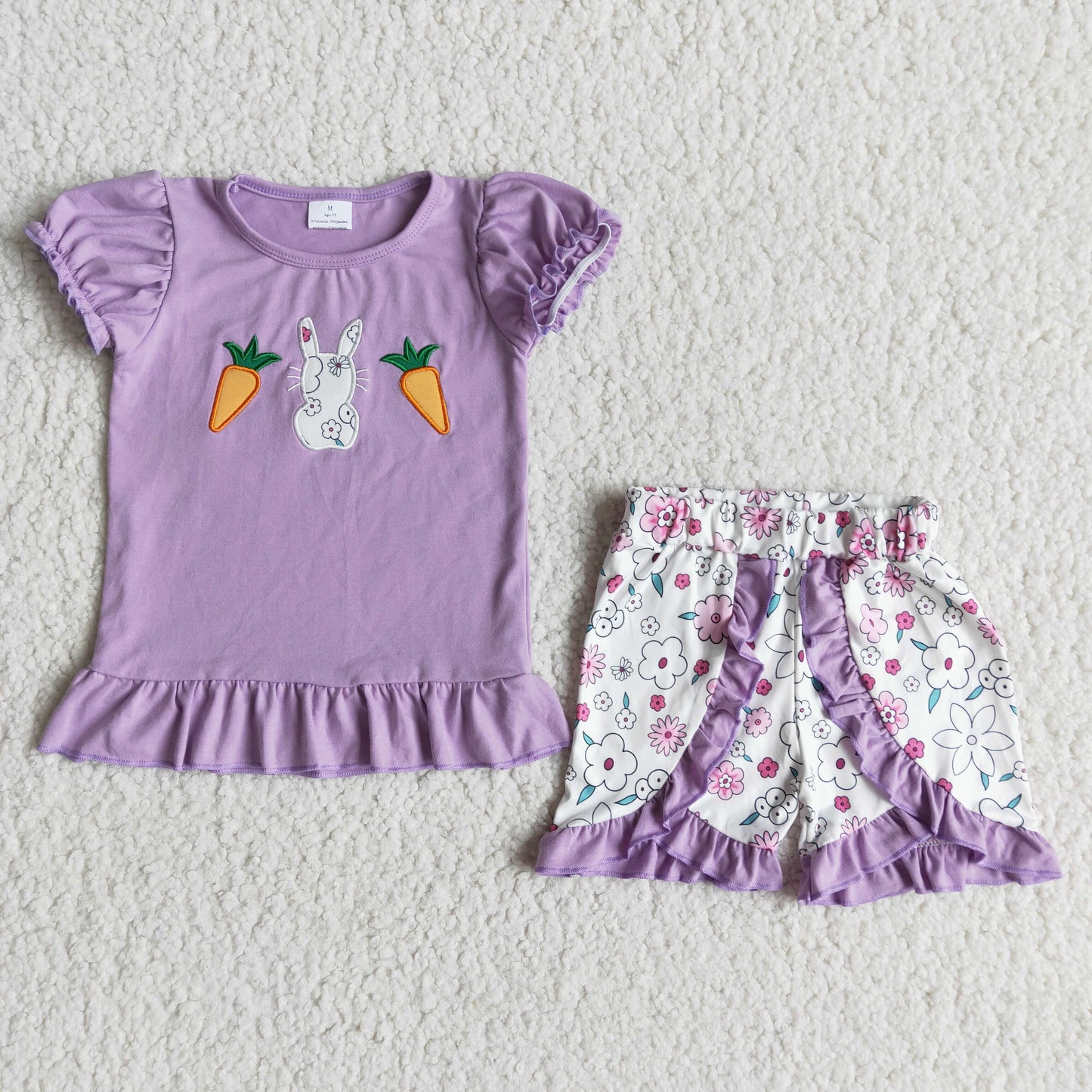baby girl purplr puff sleeve top flowers shorts with carrot