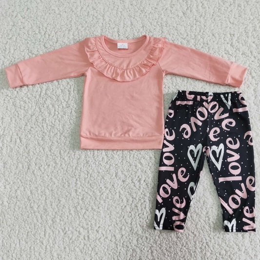 kids cotton pink top love letter black pants suit girl valentine's day outfit