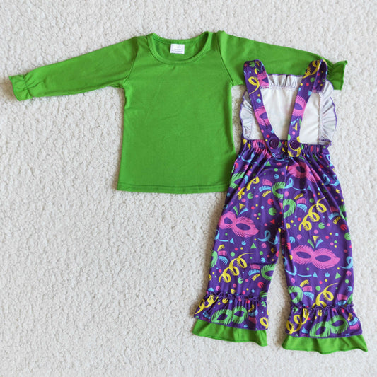 girl green top match overall suit for mardi gras