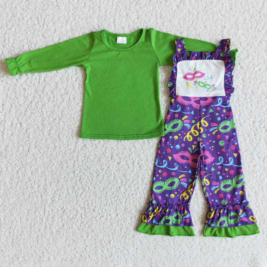 girl green top match overall suit for mardi gras