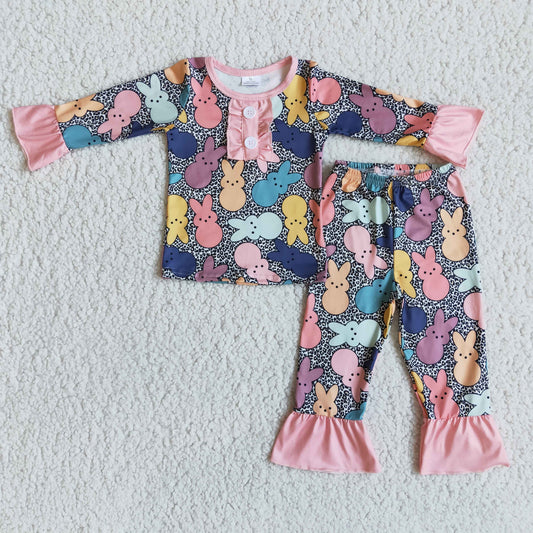 girl pink ruffle long sleeve outfit bunny pajamas set