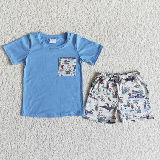 boy blue top duck pattern shorts outfit with pocket