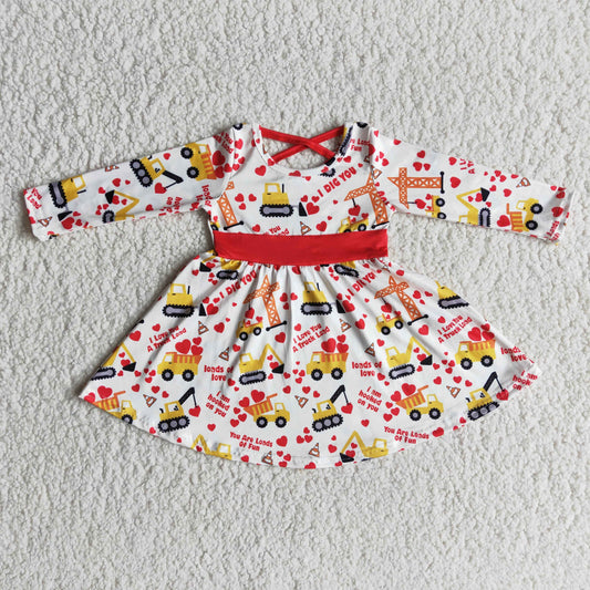 happy valentine's day long sleeve dress for girls with red belt