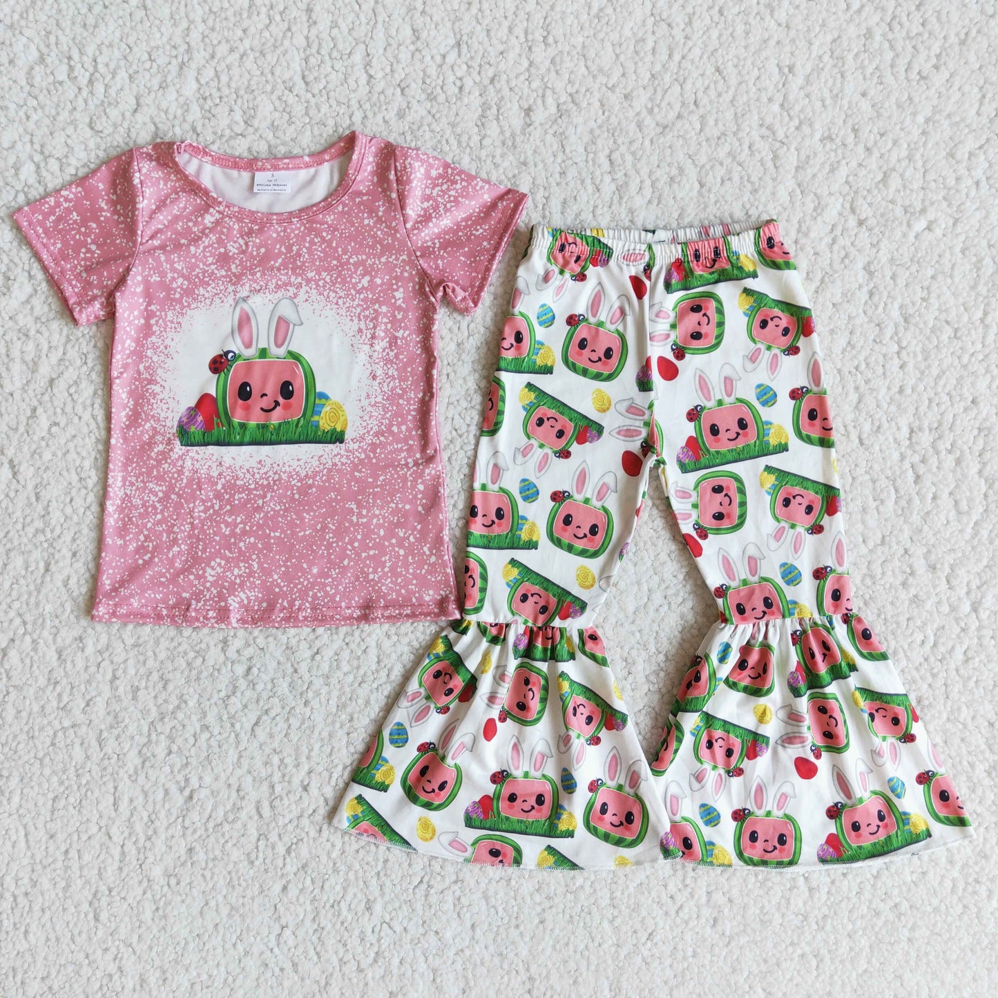 cute rabbit and watermelon print outfit for girl easter day