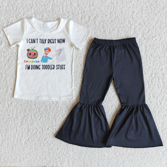 children short sleeve outfit  girl white blouses and black cotton bell pants