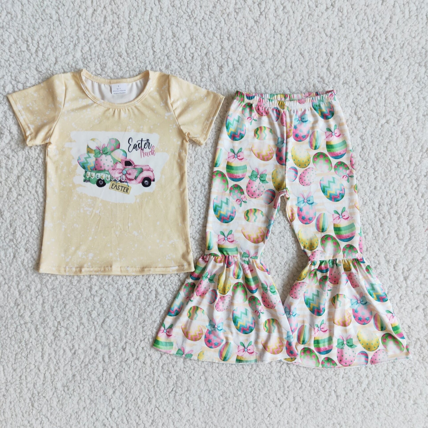 girl light yellow top and easter eggs bell bottoms suit kids short sleeve outfit
