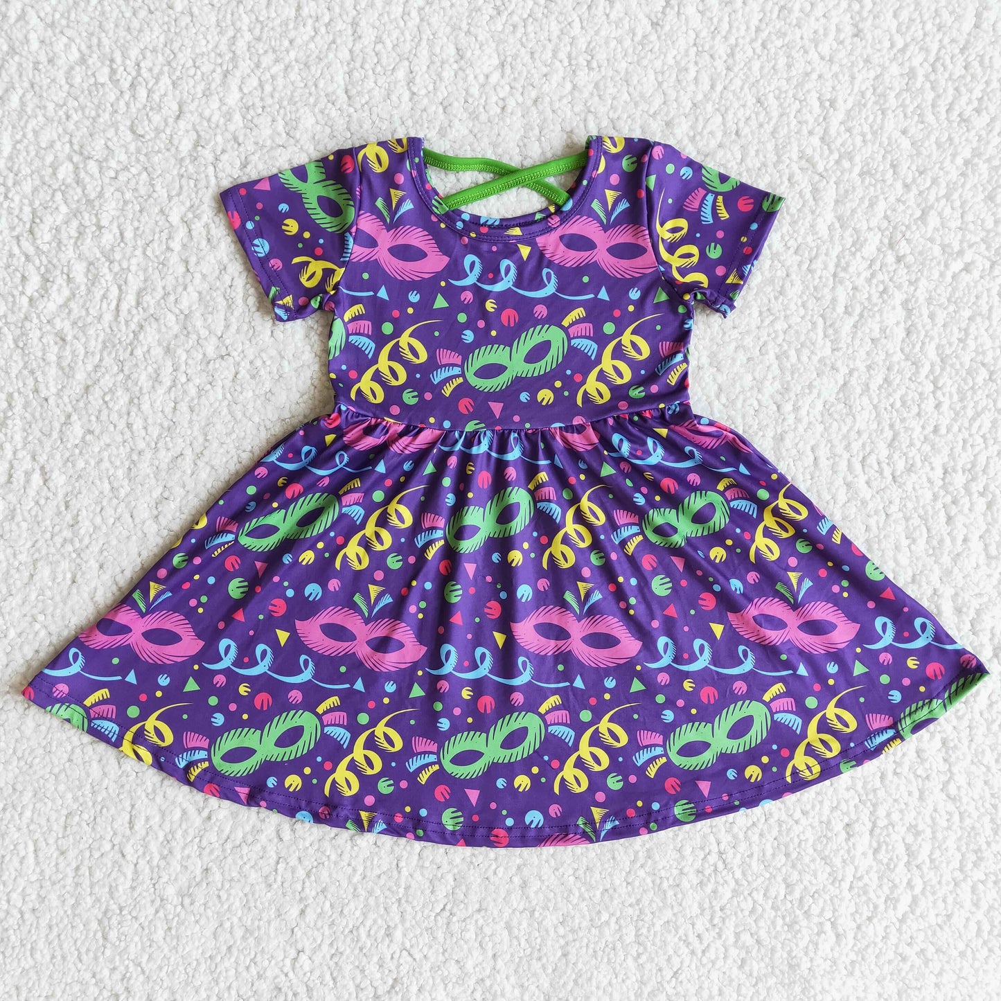 girl short sleeve mardi gras twirl dress with criss cross back neckline