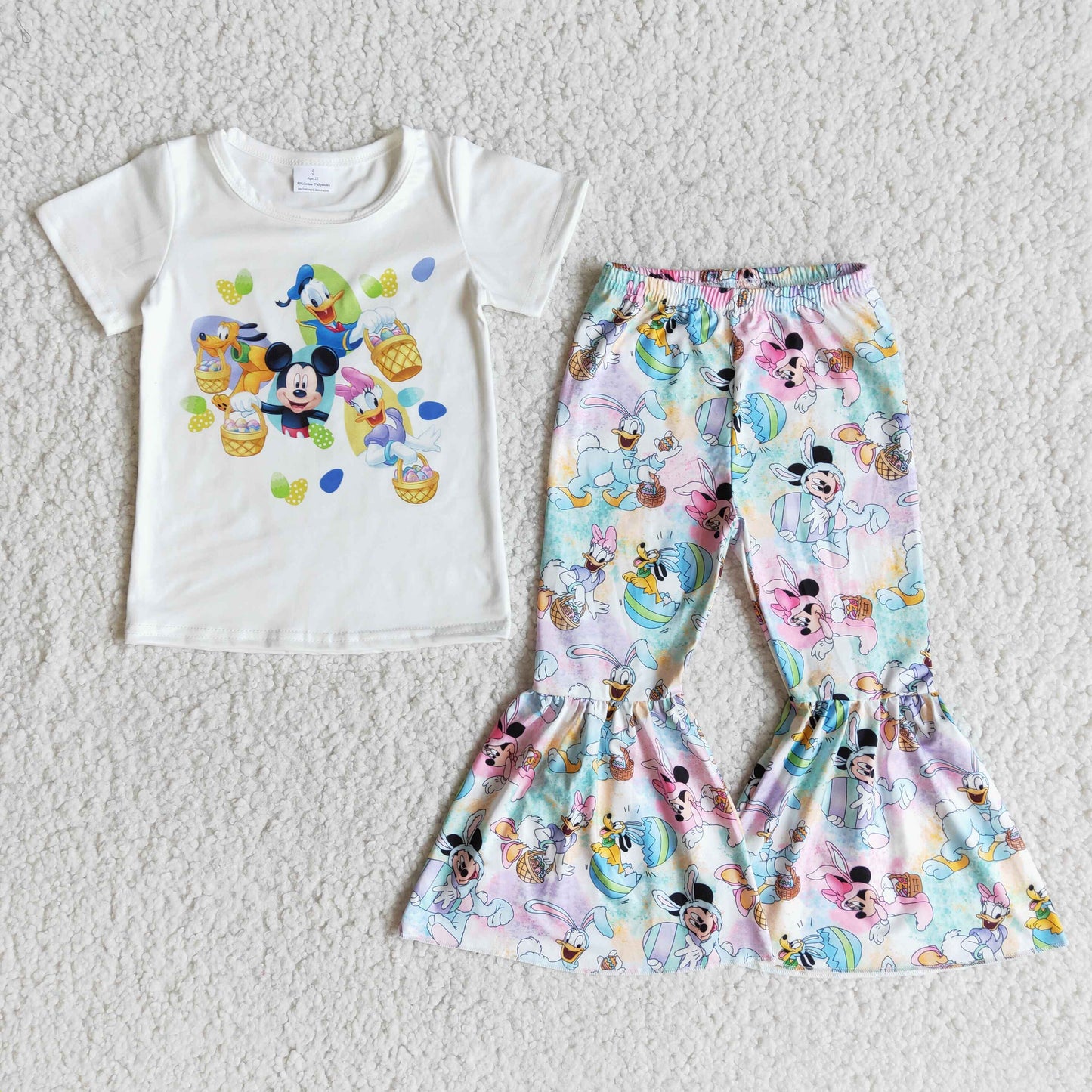 girl white short sleeve top bell pants outfit for easter day