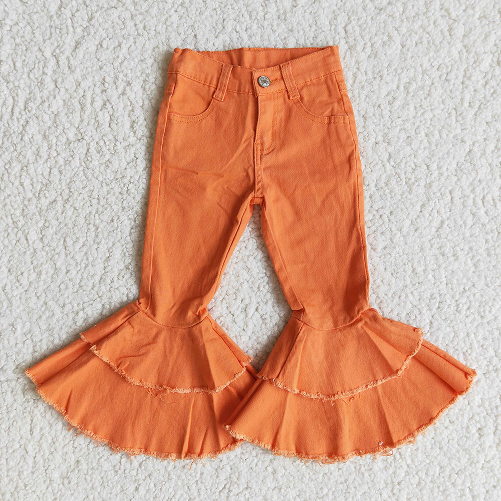 High Quality Kids Solid Color Double Ruffles Jeans Fashion Girl Button Design Flare Pants With Elastic Band