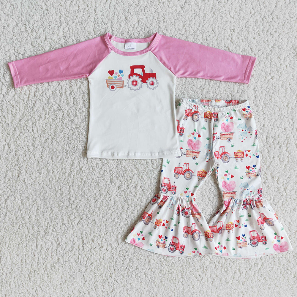 Girl Long Sleeve Outfit Reay To Ship Valentine's Day Kids Truck And Heart Print Top Bells Suit Rgalan Shirt Flare Pants Set