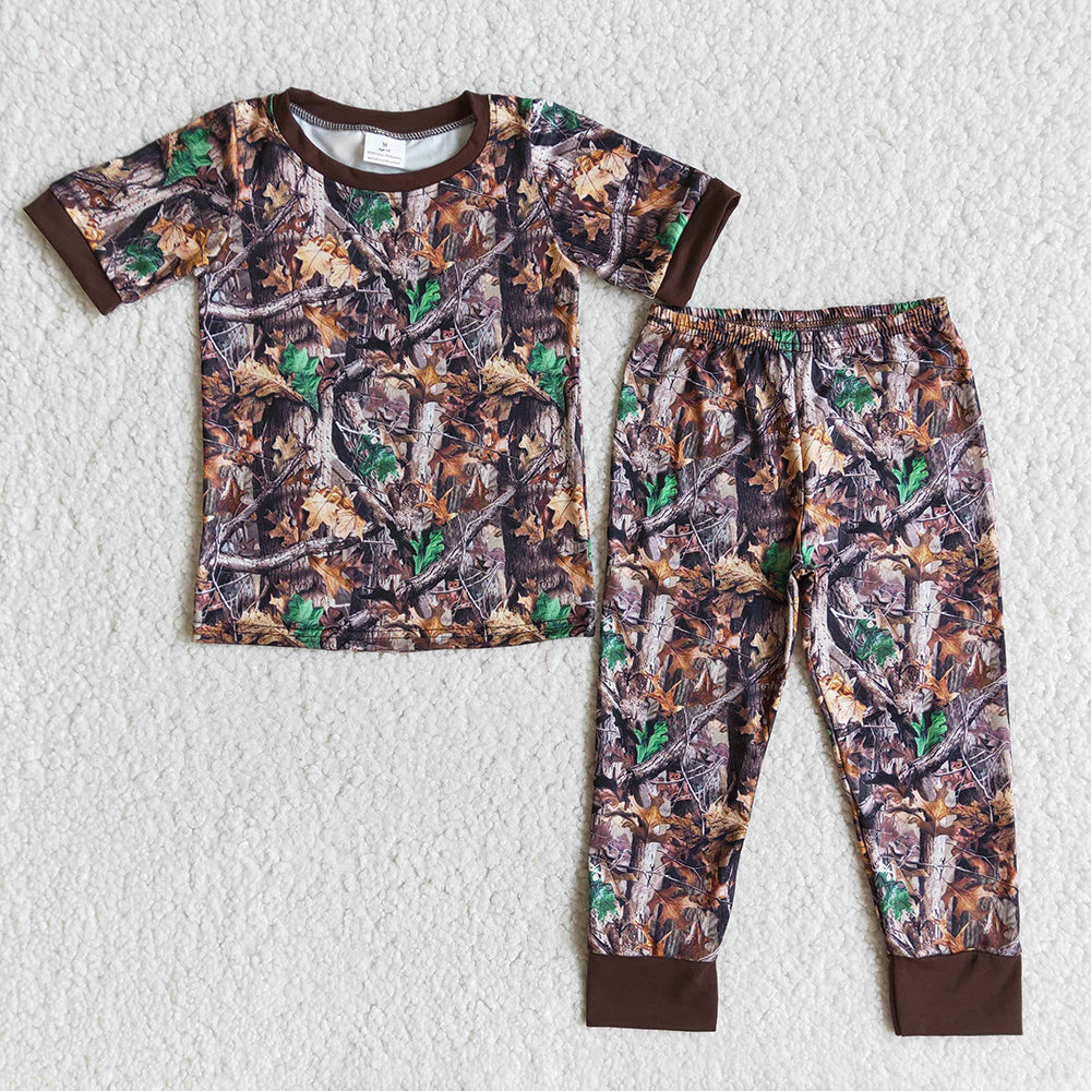 Summer Short Sleeve Top Long Pants 2Pieces Set For Baby Boy Brown O-Neck Kids New Arrival Leaves Print Outfit