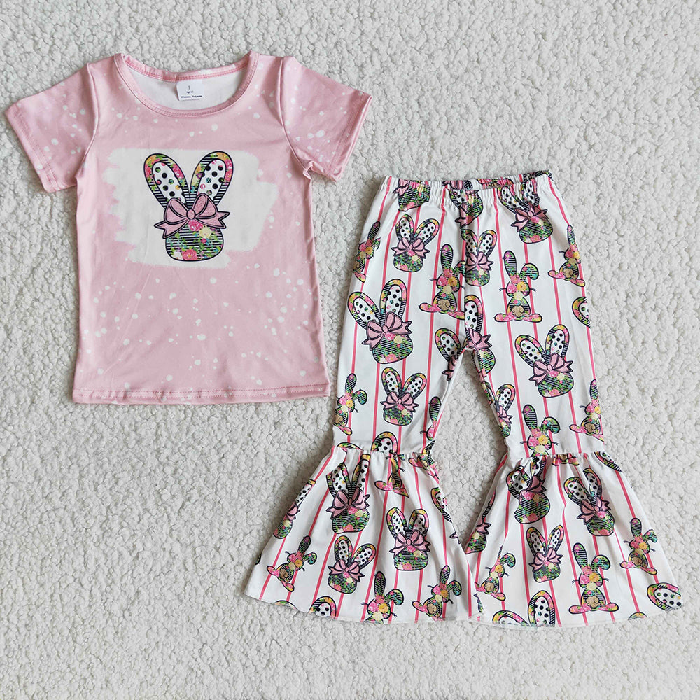 Happy Easter Clothes Baby Girls Cute Bunny Cartoon Outfit With Pink Blouses And Flare Pants Children Fashion Flowers 2Pieces Set