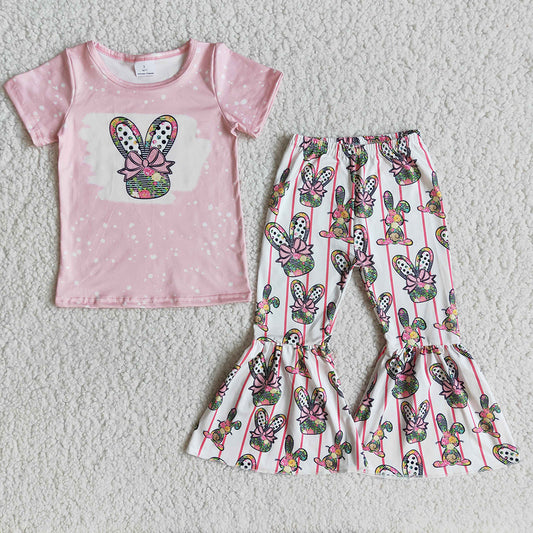 Happy Easter Clothes Baby Girls Cute Bunny Cartoon Outfit With Pink Blouses And Flare Pants Children Fashion Flowers 2Pieces Set