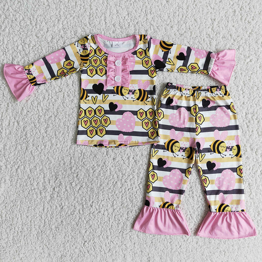 Toddler Girl Valentine's Day Long Sleeve Pajamas Set Kids Bees Pattern Stripes Outfit With Pink Ruffle