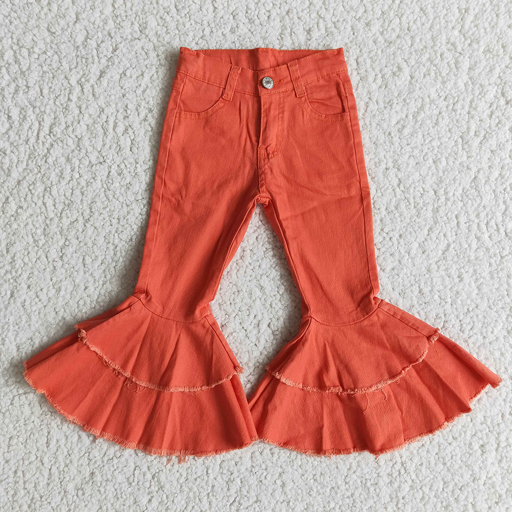 High Quality Kids Solid Color Double Ruffles Jeans Fashion Girl Button Design Flare Pants With Elastic Band