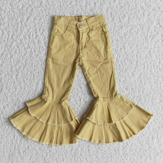 High Quality Kids Solid Color Double Ruffles Jeans Fashion Girl Button Design Flare Pants With Elastic Band