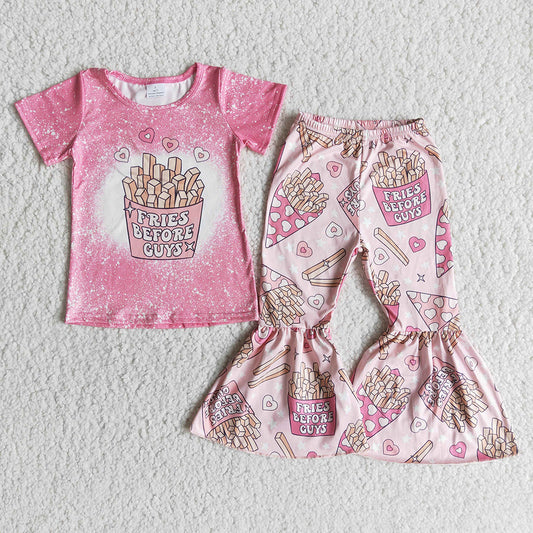 Toddler Girl O-Neck Pink Short Sleeve Top Match Bell Bottoms Suit Kids New Arrival Valentine's Day Outfit With Heart Pattern