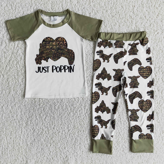 Kids Green Short Sleev Raglan Shirt Match Long Pants Set Summer Boy Leopard Print Outfit With Letter Design