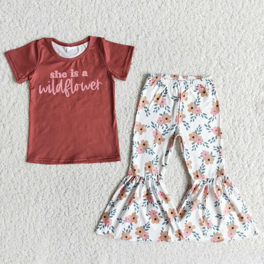girl letter design top flower pattern bell pants outfit