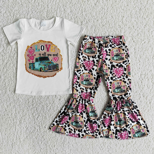 New Arrival Black Shirt And Flare Pants Suit For Children Fashion Girl Valentine's Love Short Sleeve Outfit With Cars Print