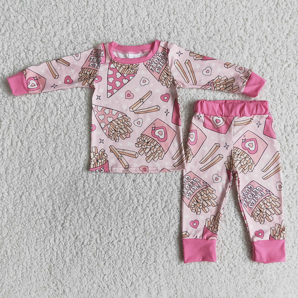 Valentine's Day Kids Long Sleeve Pajamas Set With Pink Cuff Baby Girls Heart Print Outfit