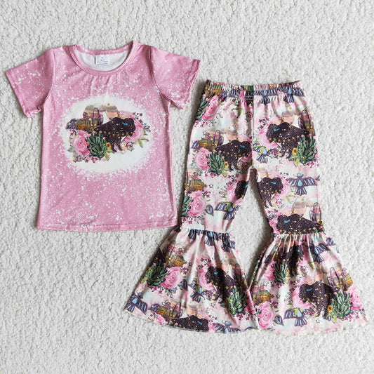Toddler Girl Pink Short Sleeve Top Cactus And Flowers Pattern Bell Pants Kids Summer Farm Style Outfit With Leopard Cow