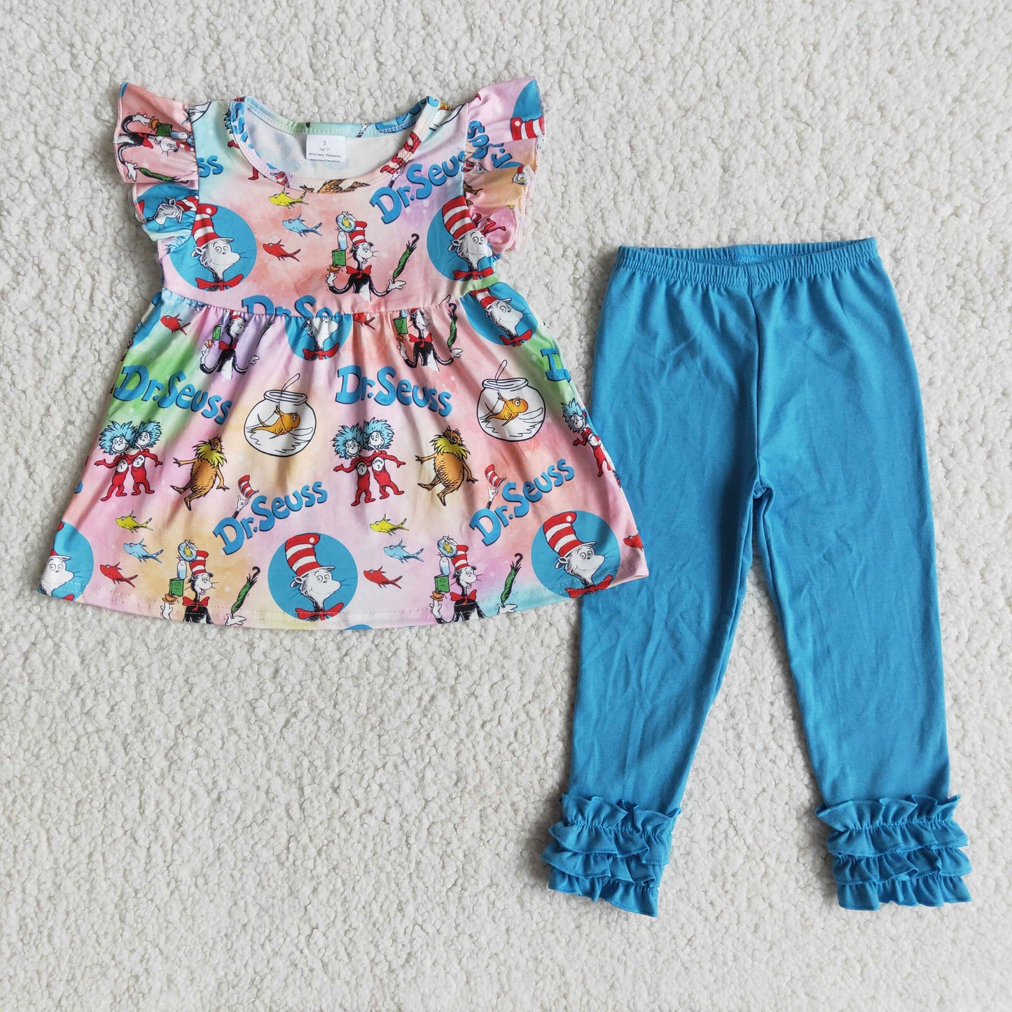 girl short sleeve top and blue icing ruffle pants ready to ship outfit