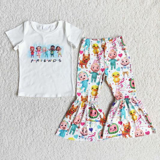 girl white short sleeve top and cartoon bell pants
