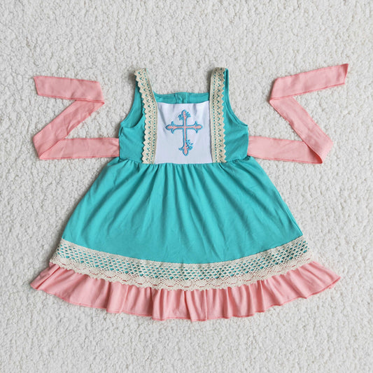 girl 100% cotton sleeveless dress with lace kid cross frock