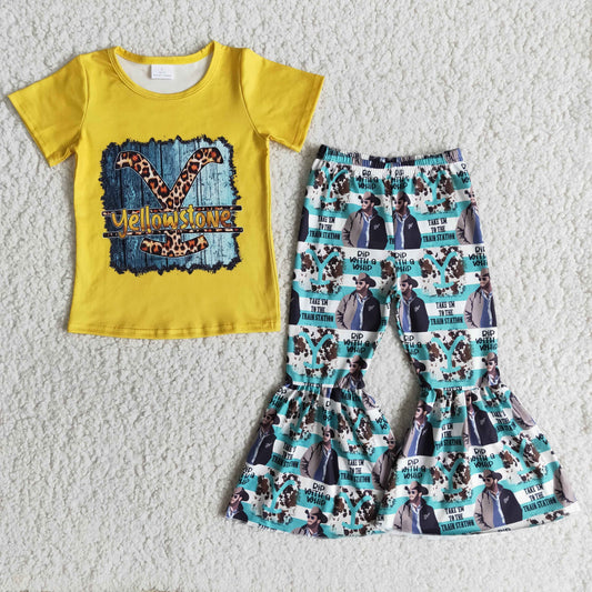 girl yellow top and bell pants 2 pieces set