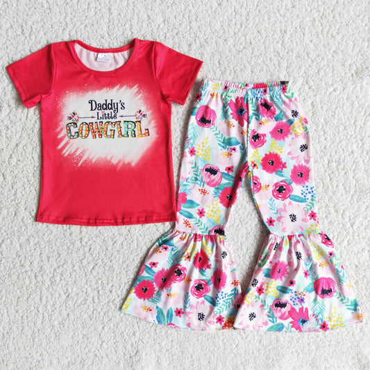 girl red short sleeve top match flower bell pants outfit