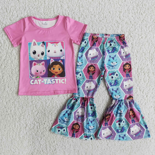 girl short sleeve pink top cute cartoon bell pants 2pieces set