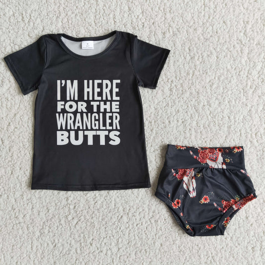 infants letter design black short sleeve top and bummies suit