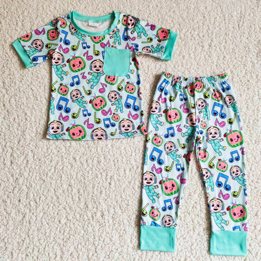toddler boy short sleeve outfit with mint green pocket