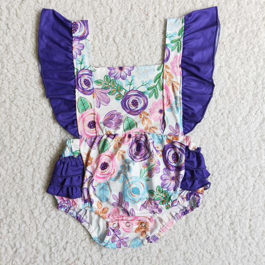 infants baby girls purple ruffle and flowers print romper