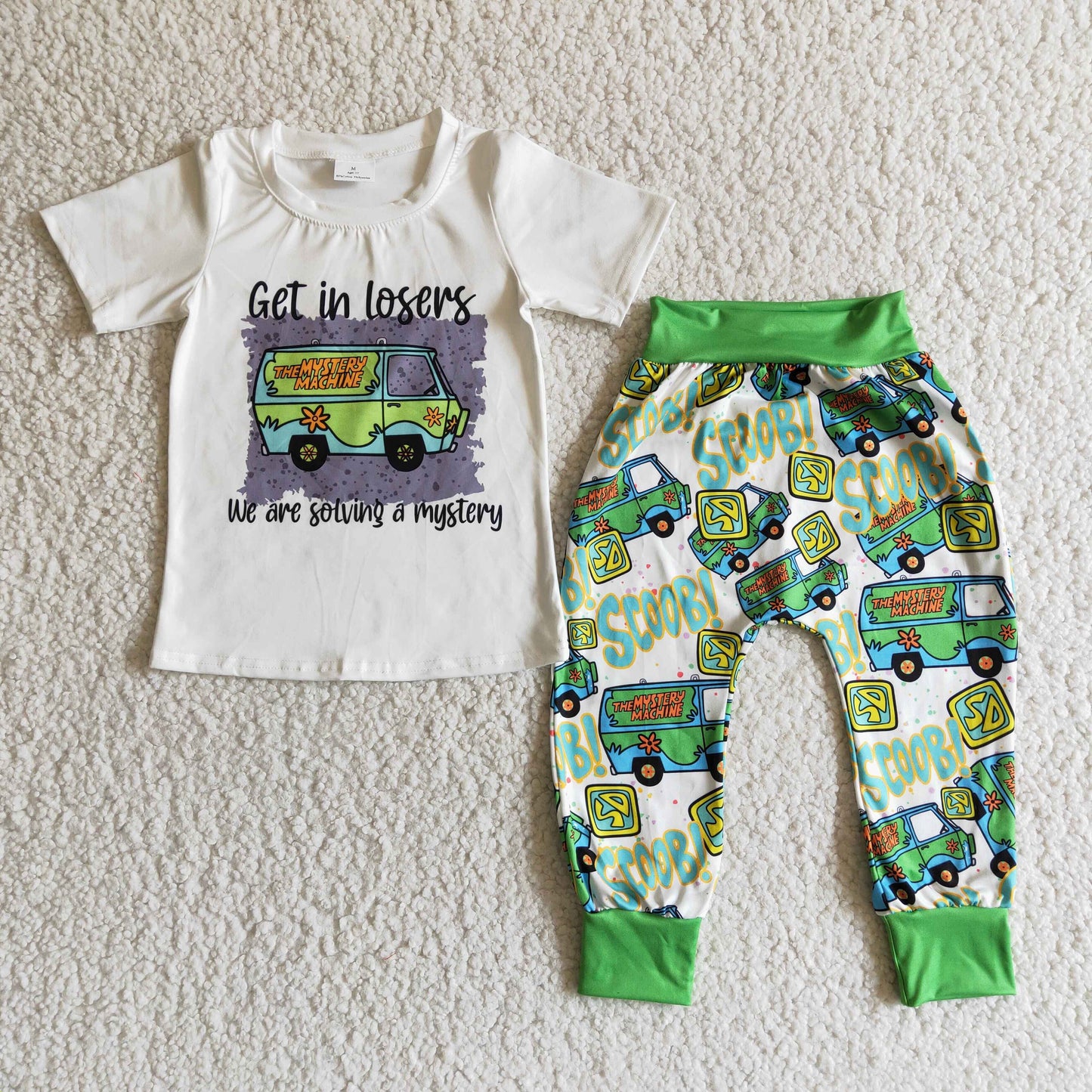 boy white top green long pants 2pieces set with short sleeve